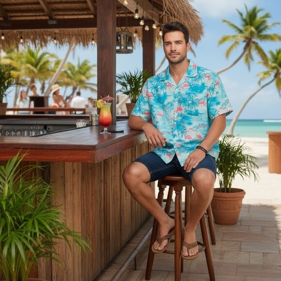 Hawaiian Flamingo Print Button Down Short Sleeve Shirt - Picture 2 of 10